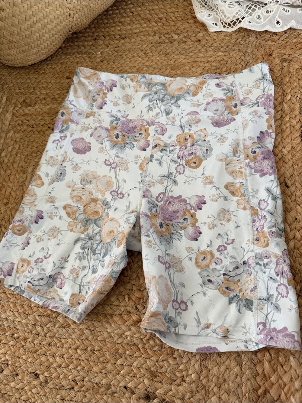 Tuckernuck Cream High-Waist Floral Bike Shorts with Lavender & Mustard Blooms